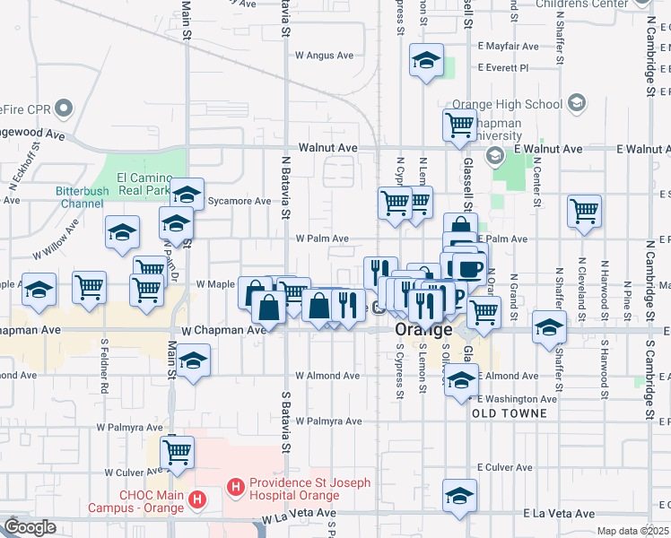 map of restaurants, bars, coffee shops, grocery stores, and more near 633c North Parker Street in Orange