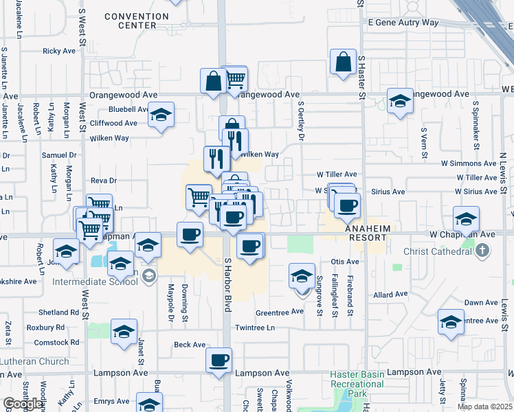 map of restaurants, bars, coffee shops, grocery stores, and more near 2379 South Mira Court in Anaheim