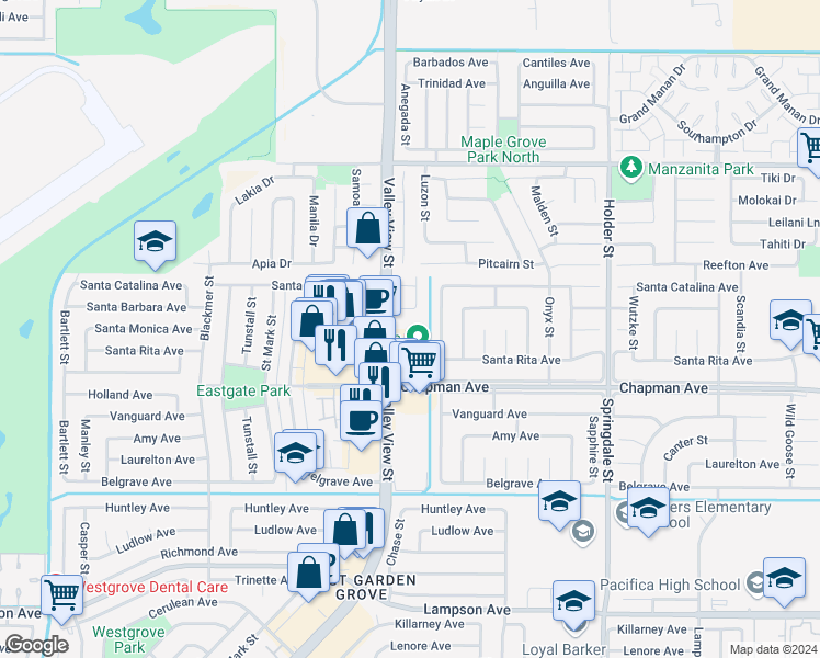 map of restaurants, bars, coffee shops, grocery stores, and more near 11848 Valley View Street in Garden Grove