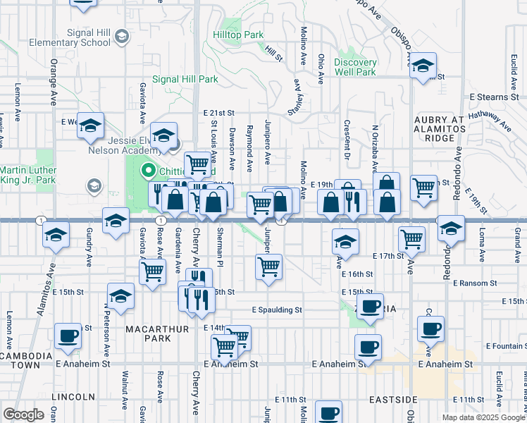 map of restaurants, bars, coffee shops, grocery stores, and more near 1832 Raymond Avenue in Signal Hill