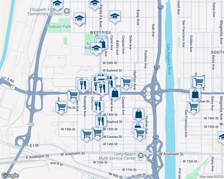 map of restaurants, bars, coffee shops, grocery stores, and more near 1560 West Parade Street in Long Beach