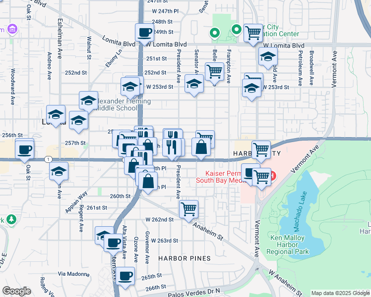 map of restaurants, bars, coffee shops, grocery stores, and more near 1532 West 257th Street in Los Angeles