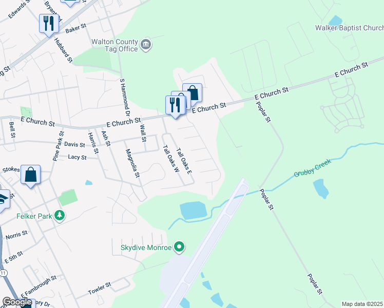 map of restaurants, bars, coffee shops, grocery stores, and more near 1121 Classic Trail in Monroe