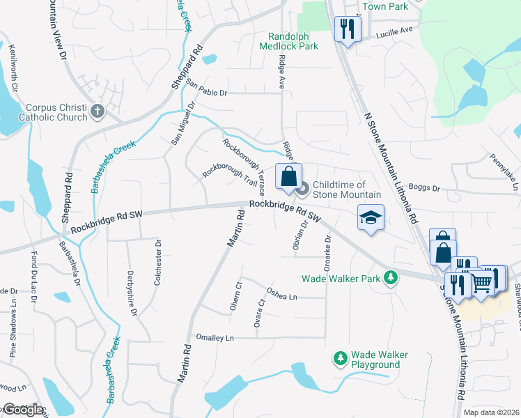 map of restaurants, bars, coffee shops, grocery stores, and more near 5393 Rockbridge Road Southwest in Stone Mountain