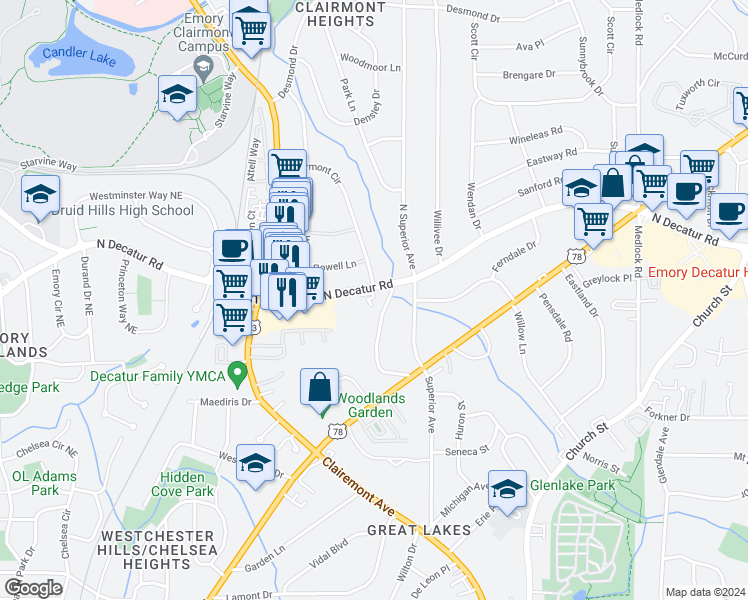 map of restaurants, bars, coffee shops, grocery stores, and more near in North Decatur