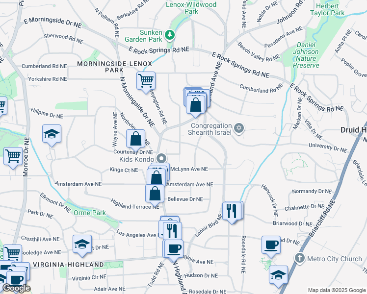 map of restaurants, bars, coffee shops, grocery stores, and more near 1306 North Morningside Drive Northeast in Atlanta