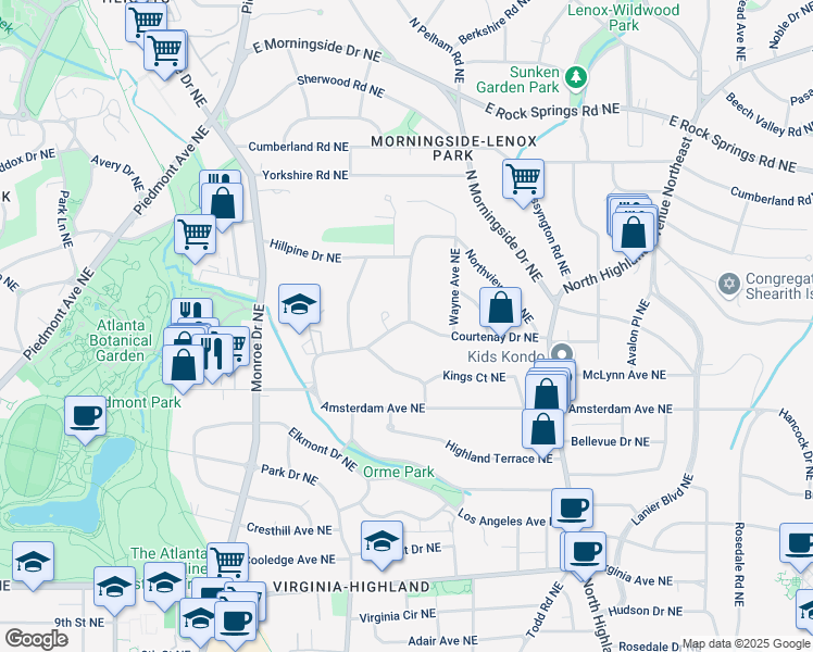 map of restaurants, bars, coffee shops, grocery stores, and more near 781 Courtenay Drive Northeast in Atlanta