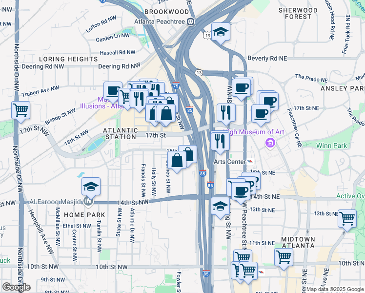 map of restaurants, bars, coffee shops, grocery stores, and more near 165 16th Street Northwest in Atlanta