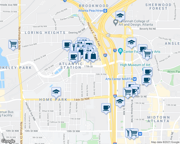 map of restaurants, bars, coffee shops, grocery stores, and more near 217 16th Street Northwest in Atlanta