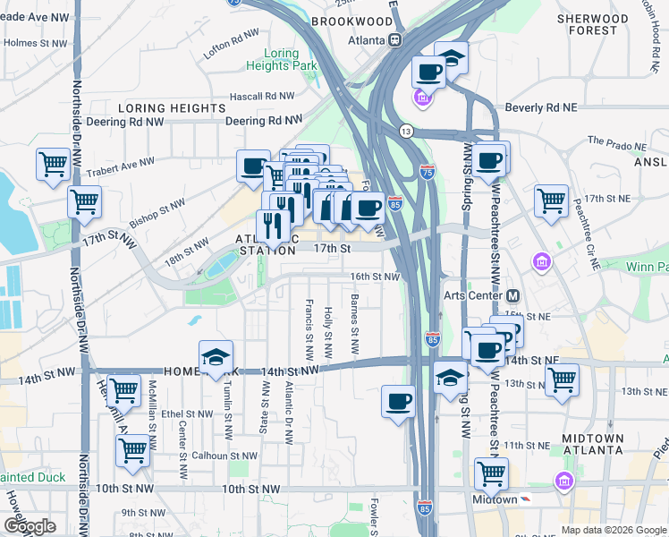 map of restaurants, bars, coffee shops, grocery stores, and more near 213 16th Street Northwest in Atlanta