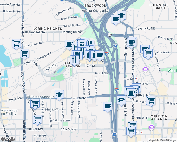 map of restaurants, bars, coffee shops, grocery stores, and more near 217 16th Street Northwest in Atlanta