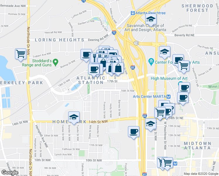 map of restaurants, bars, coffee shops, grocery stores, and more near 217 16th Street Northwest in Atlanta