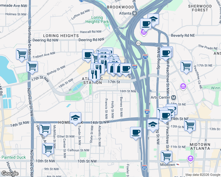 map of restaurants, bars, coffee shops, grocery stores, and more near 217 16th Street Northwest in Atlanta