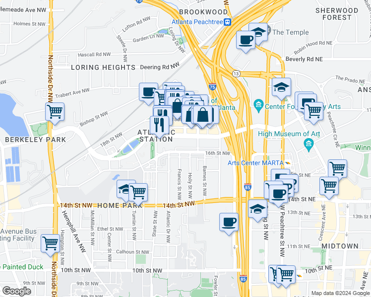 map of restaurants, bars, coffee shops, grocery stores, and more near 217 16th Street Northwest in Atlanta