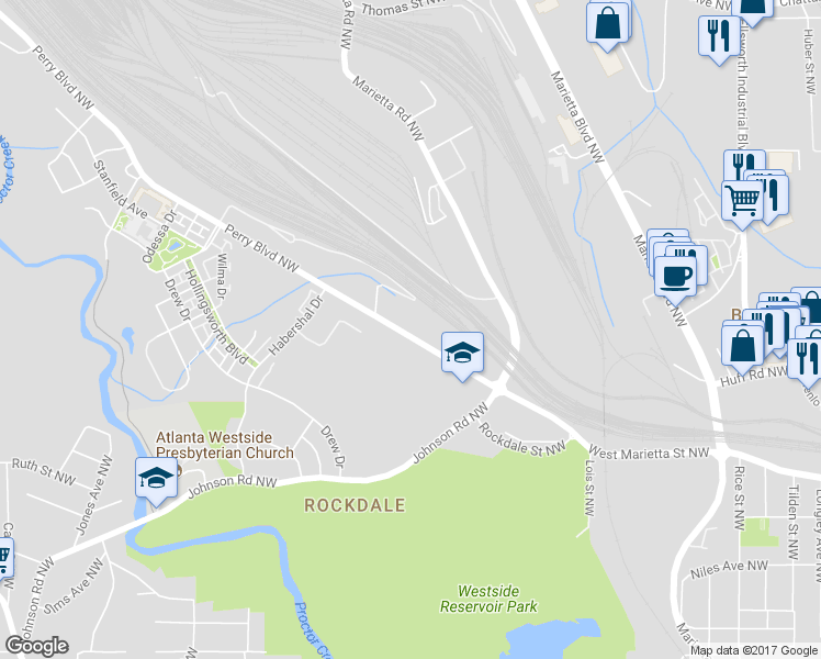 map of restaurants, bars, coffee shops, grocery stores, and more near 1591 Perry Boulevard Northwest in Atlanta