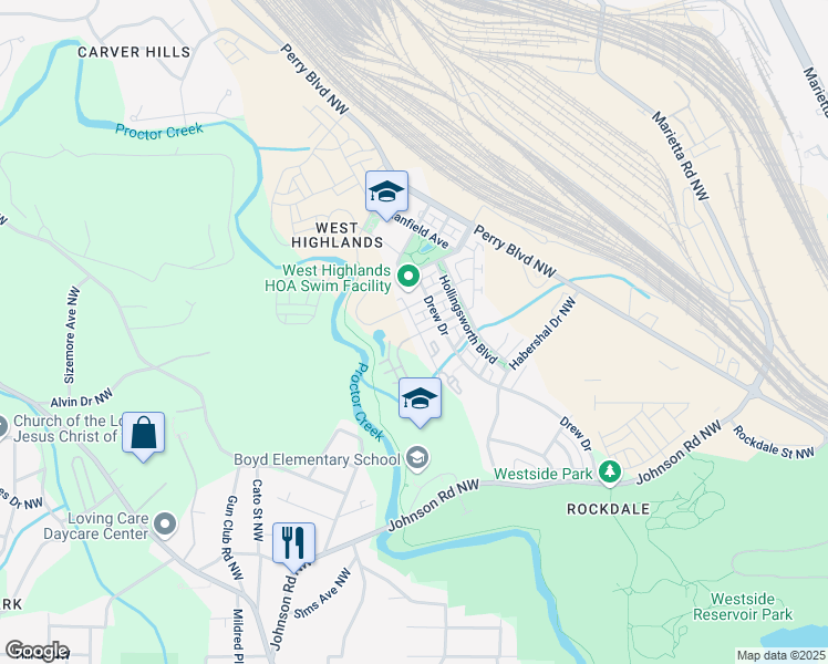 map of restaurants, bars, coffee shops, grocery stores, and more near 1776 Westmoreland Lane Northwest in Atlanta