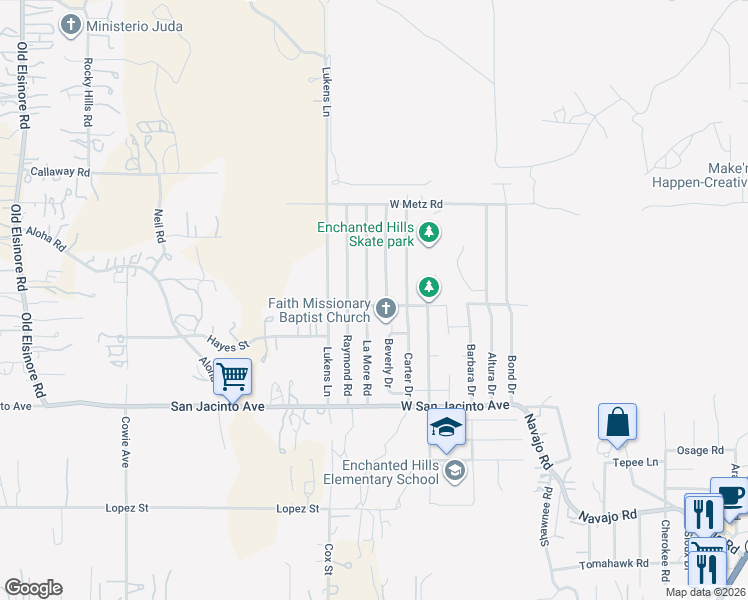 map of restaurants, bars, coffee shops, grocery stores, and more near 22722 La More Road in Perris
