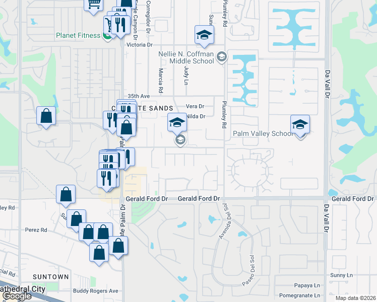 map of restaurants, bars, coffee shops, grocery stores, and more near 69340 Serenity Road in Cathedral City