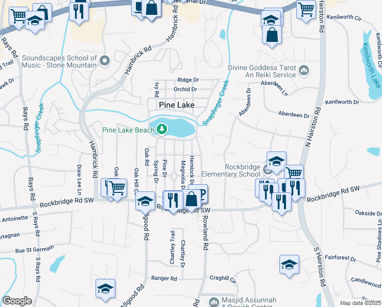 map of restaurants, bars, coffee shops, grocery stores, and more near 4622 Dogwood Road in Pine Lake