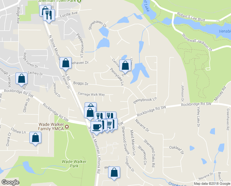 map of restaurants, bars, coffee shops, grocery stores, and more near 5622 Carriage Walk Way in Stone Mountain