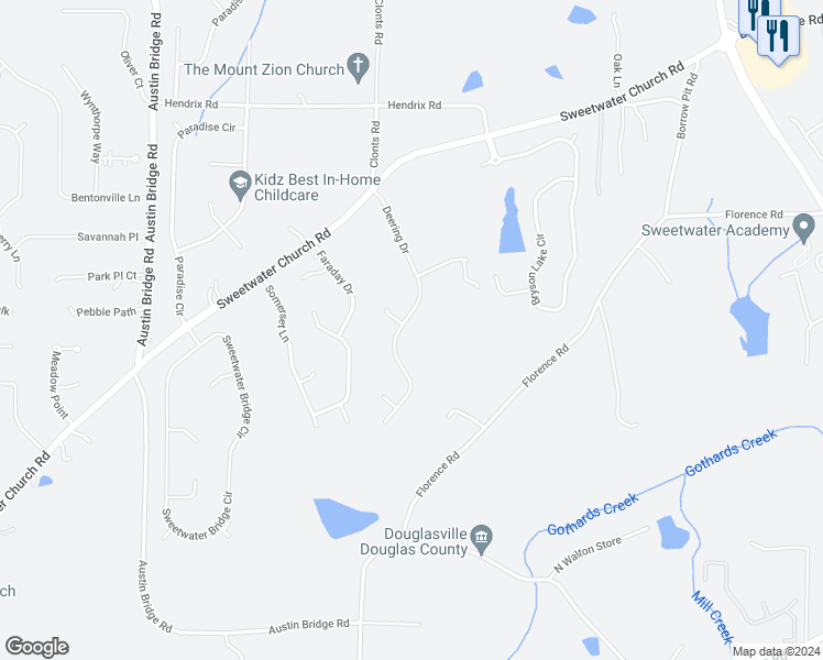 map of restaurants, bars, coffee shops, grocery stores, and more near 329 Deering Drive in Douglasville
