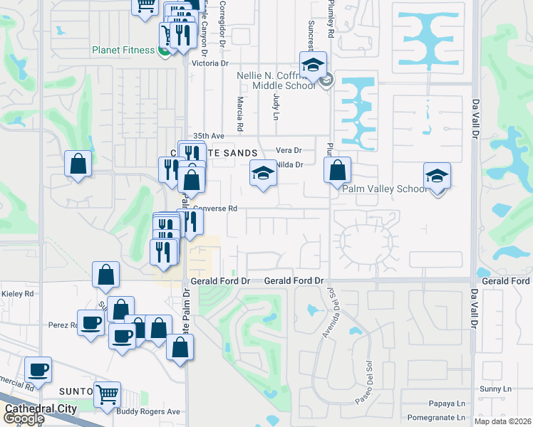 map of restaurants, bars, coffee shops, grocery stores, and more near 69340 Serenity Road in Cathedral City