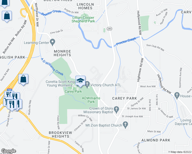 map of restaurants, bars, coffee shops, grocery stores, and more near 1241 James Jackson Parkway Northwest in Atlanta