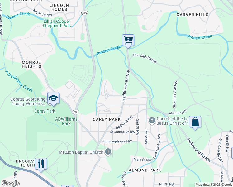 map of restaurants, bars, coffee shops, grocery stores, and more near 2531 Center Street Northwest in Atlanta