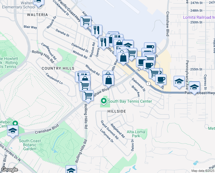 map of restaurants, bars, coffee shops, grocery stores, and more near 25628 Rolling Hills Way in Torrance