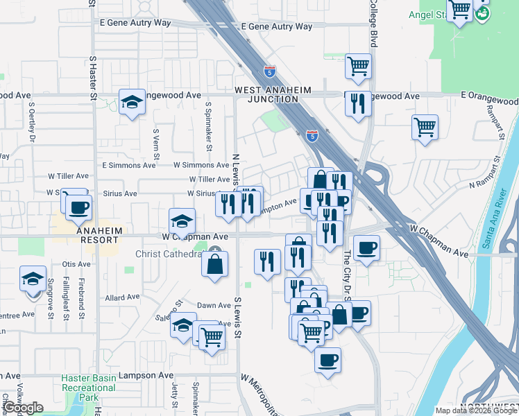 map of restaurants, bars, coffee shops, grocery stores, and more near 3901 West Compton Avenue in Orange