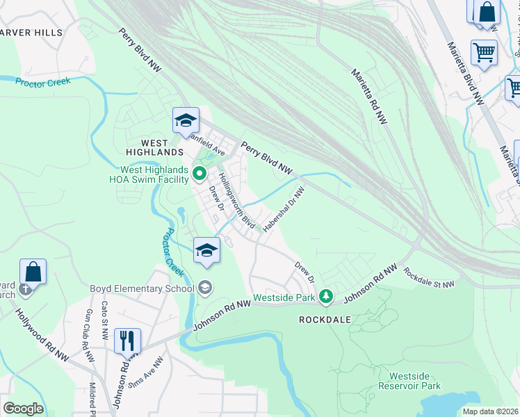 map of restaurants, bars, coffee shops, grocery stores, and more near 1660 Abbot Lane in Atlanta