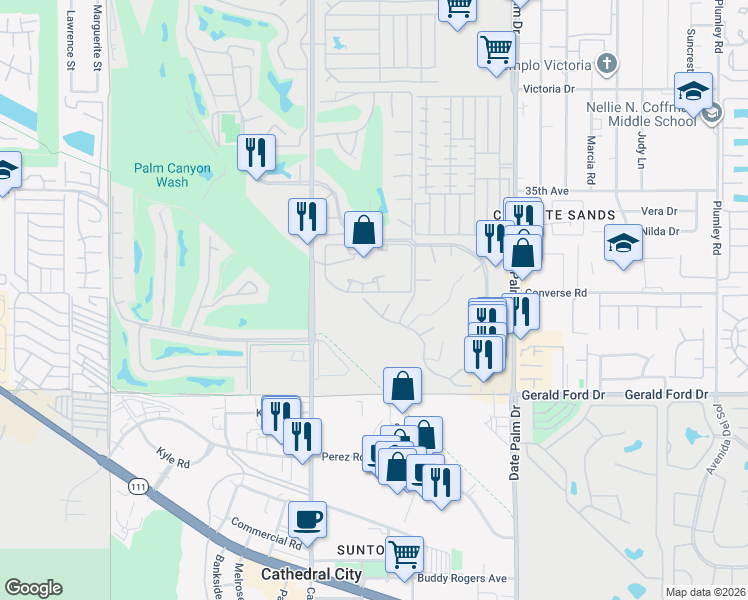 map of restaurants, bars, coffee shops, grocery stores, and more near 68644 Calle Mancha in Cathedral City