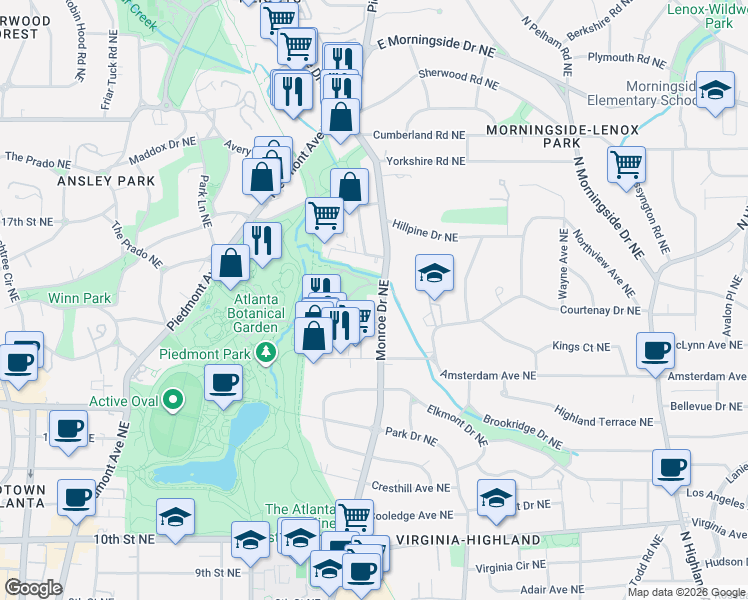 map of restaurants, bars, coffee shops, grocery stores, and more near 1314 Monroe Drive Northeast in Atlanta