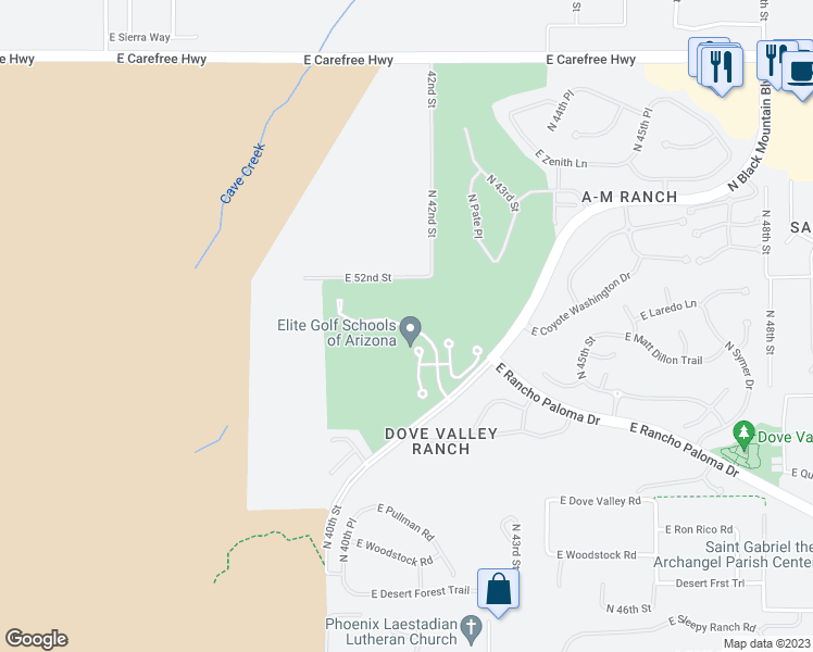 map of restaurants, bars, coffee shops, grocery stores, and more near North Dove Lakes Drive in Cave Creek