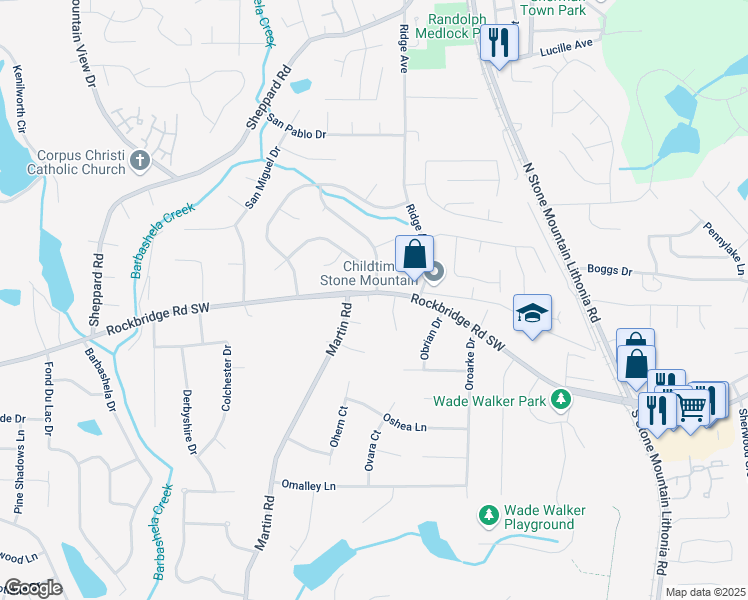 map of restaurants, bars, coffee shops, grocery stores, and more near 5393 Rockbridge Road Southwest in Stone Mountain