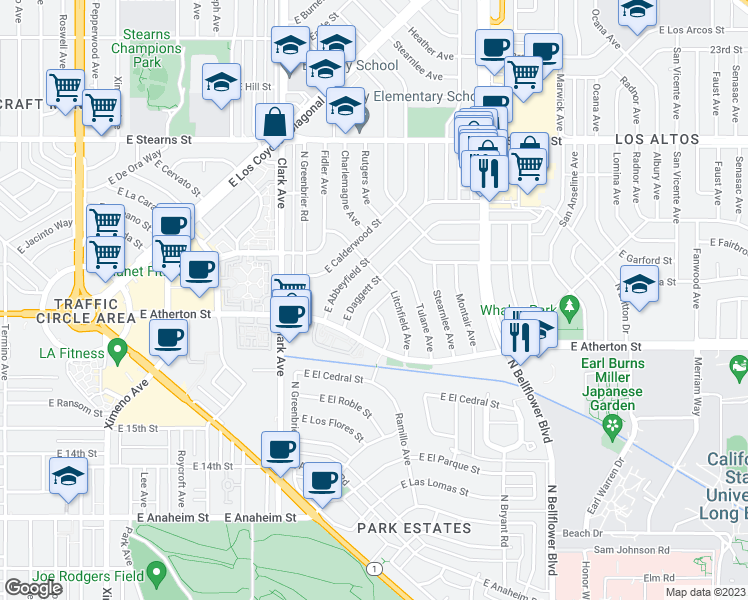 map of restaurants, bars, coffee shops, grocery stores, and more near 1857 Ashbrook Avenue in Long Beach
