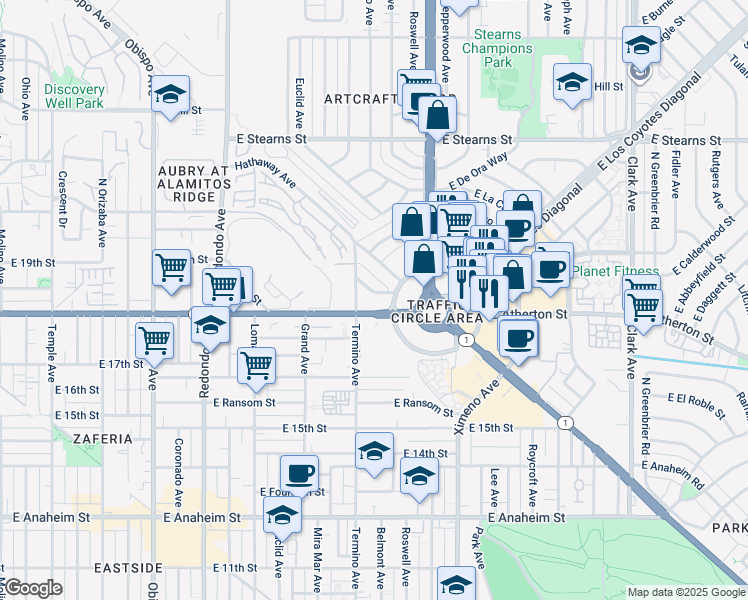 map of restaurants, bars, coffee shops, grocery stores, and more near 4144 East Mendez Street in Long Beach