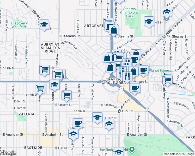 map of restaurants, bars, coffee shops, grocery stores, and more near 4142 East Mendez Street in Long Beach