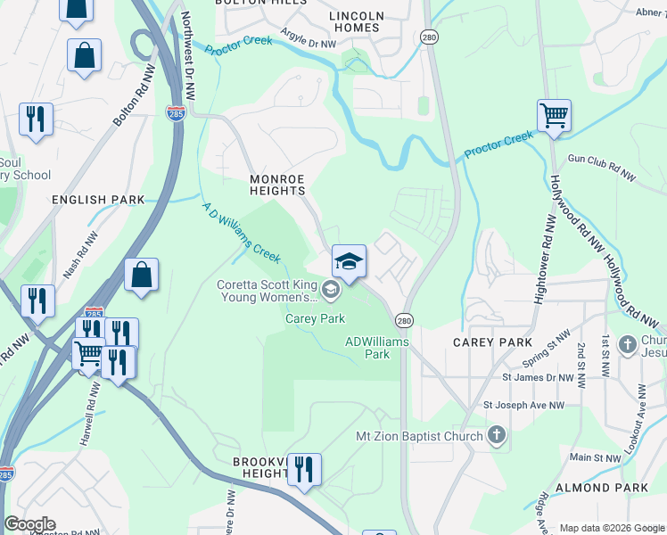 map of restaurants, bars, coffee shops, grocery stores, and more near 1292 Northwest Dr NW in Atlanta