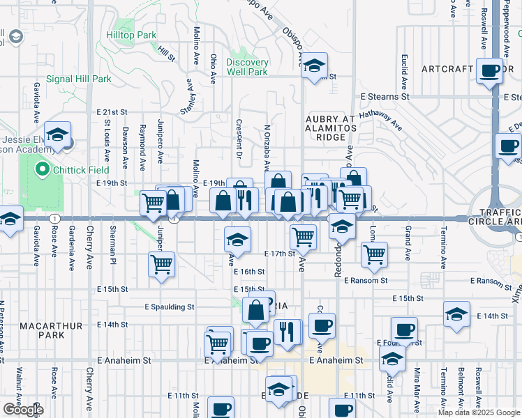 map of restaurants, bars, coffee shops, grocery stores, and more near 1838 Orizaba Avenue in Signal Hill