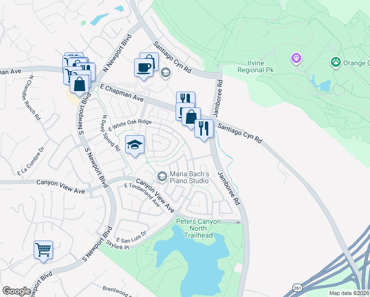 map of restaurants, bars, coffee shops, grocery stores, and more near 225 North Deerwood Street in Orange
