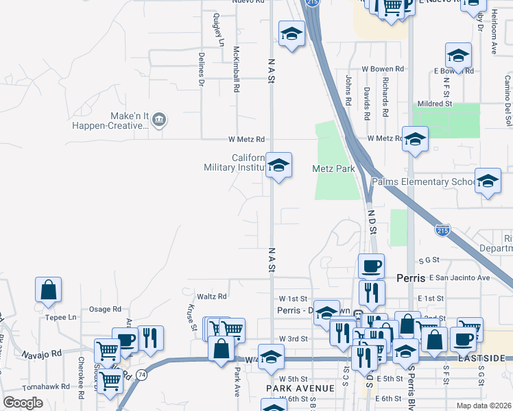 map of restaurants, bars, coffee shops, grocery stores, and more near 401 Coral Hills Road in Perris