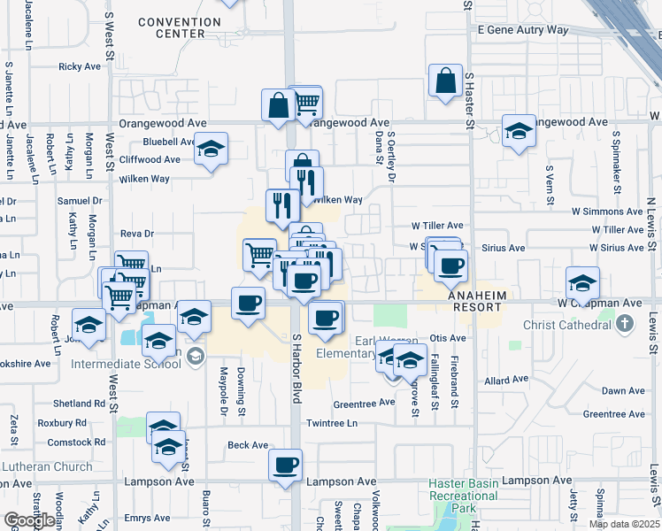 map of restaurants, bars, coffee shops, grocery stores, and more near 2379 South Mira Court in Anaheim