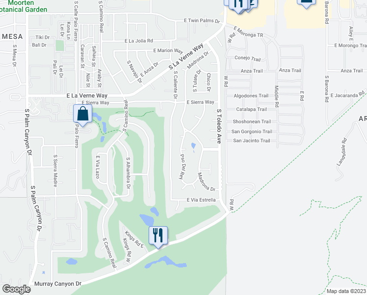 map of restaurants, bars, coffee shops, grocery stores, and more near 2296 Paseo Del Rey in Palm Springs
