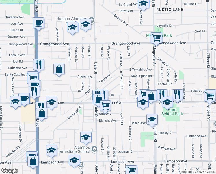 map of restaurants, bars, coffee shops, grocery stores, and more near 8582 Mac Alpine Road in Garden Grove