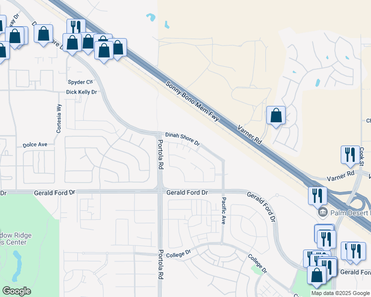 map of restaurants, bars, coffee shops, grocery stores, and more near 74357 Millennia Way in Palm Desert