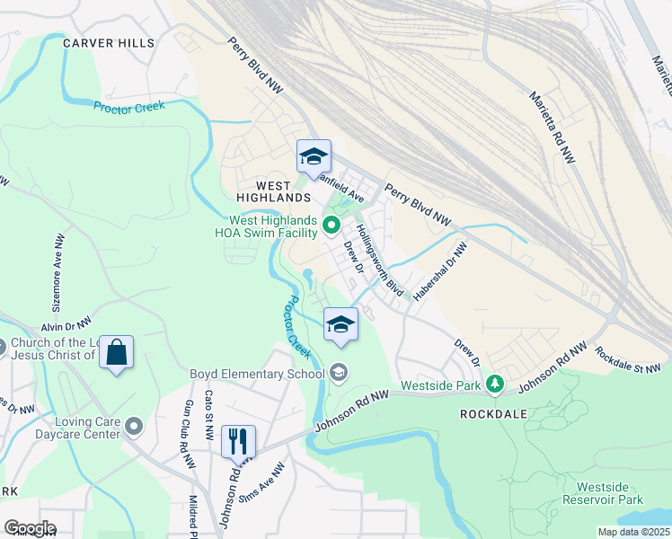 map of restaurants, bars, coffee shops, grocery stores, and more near 1776 Westmoreland Lane Northwest in Atlanta