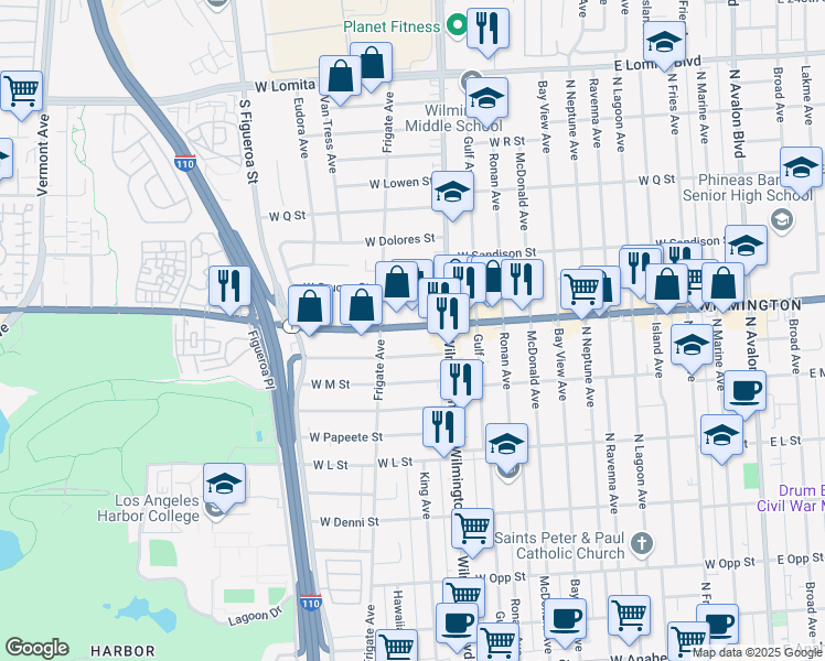 map of restaurants, bars, coffee shops, grocery stores, and more near 1114 West Pacific Coast Highway in Los Angeles