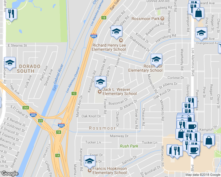 map of restaurants, bars, coffee shops, grocery stores, and more near 11852 Foster Road in Los Alamitos