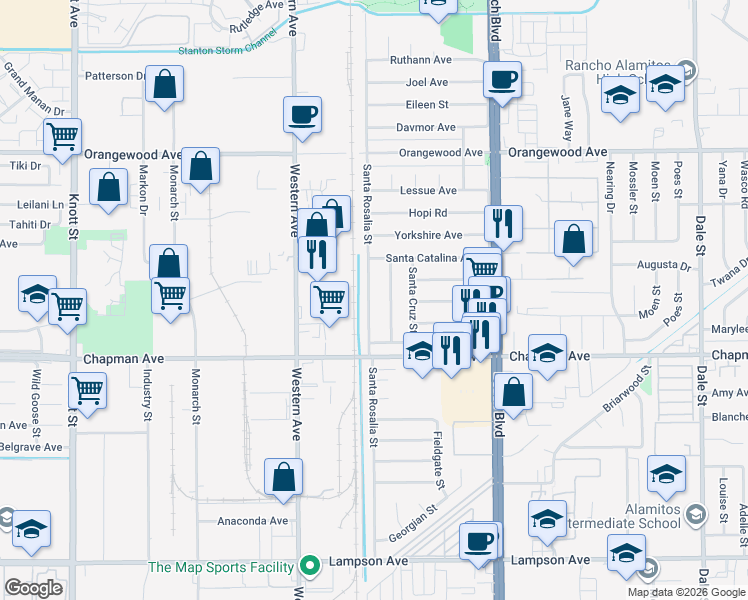 map of restaurants, bars, coffee shops, grocery stores, and more near 11842 Santa Rosalia Street in Stanton